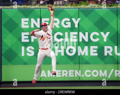 St. Louis Cardinals left fielder Lars Nootbaar makes a leaping catch on a ball off the bat of Chicago Cubs Nico Hoerner for an out in the third inning at Busch Stadium in St. Louis on Saturday July 29, 2023. Photo by Bill Greenblatt/UPI Stock Photo