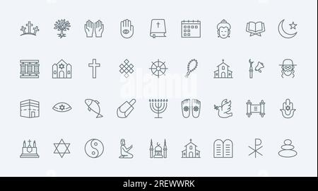 World religions thin black line icons set vector illustration. Outline symbols, holy books and temples of Buddhism and Christianity, Islam and Judaism, religious pictograms collection for praying Stock Vector