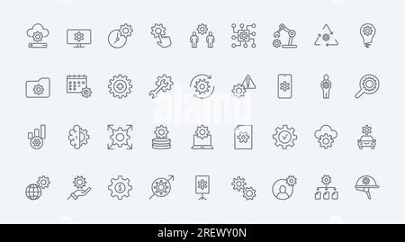 Gears, operations of repair and maintenance system line icons set vector illustration. Outline cogwheels of mechanism and wrench, pictograms of control and update data, technical modification Stock Vector