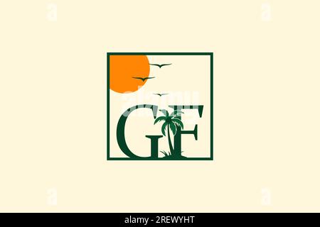 letter GF square with palm tree and sun logo design Stock Vector