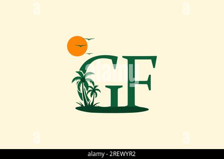 letter GF with palm tree and sun logo designb Stock Vector