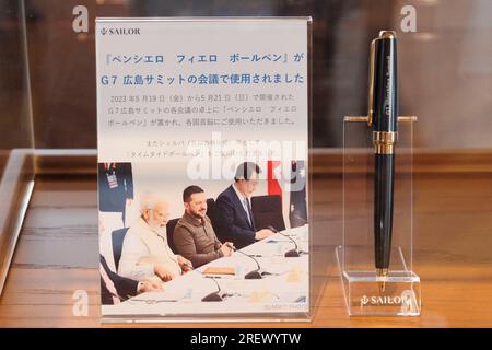 July 28, 2023, Hiroshima, Japan: A sample of a SAILOR's Iro-Miyabi fountain  pen used during the G7 Leaders meeting, including the visit of Ukrainian  President Volodymyr Zelenskyy (C), is on display at