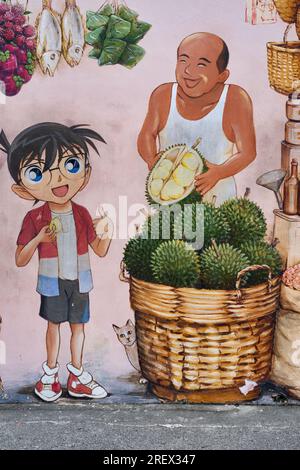 Detail of a mural by Singaporean artist Yip Yew Chong depicting a smiling durian vendor and a young customer; Smith Street, Chinatown, Singapore Stock Photo