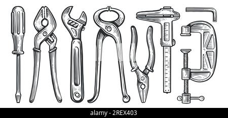 Set of working tools. Construction, building, repair concept. Screwdriver, pliers, wrench, calipers, clamping vice Stock Vector