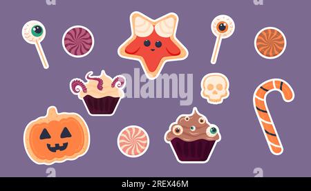 Clipart stickers, Halloween candy, biscuits, pumpkin, satan, bat, spider web. Vector illustration Stock Vector