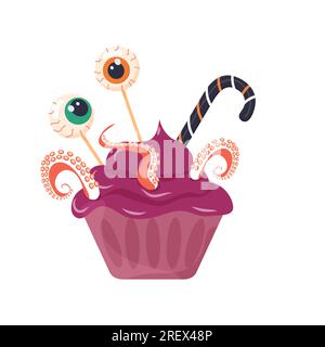 Halloween food, cupcake with eyes and tentacles. Vector image on white background Stock Vector