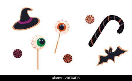Clipart stickers, Halloween candy, biscuits, pumpkin, satan, bat, spider web. Vector illustration Stock Vector