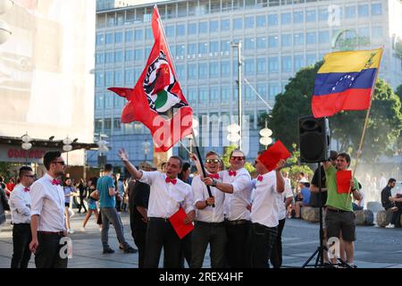 Munich, Germany. 27th May, 2017. The small group 'Antiimperialistische Aktion' held a vigil on May 27, 2017 in Munich, Germany in support with the venezualan government and against the protests going on for weeks. (Photo by Alexander Pohl/Sipa USA) Credit: Sipa USA/Alamy Live News Stock Photo