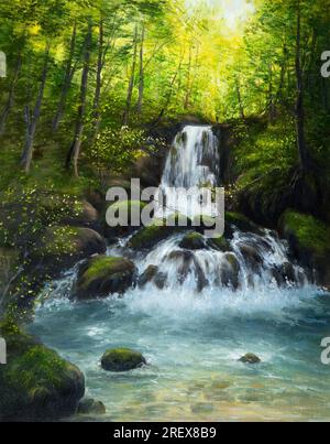 Original  oil painting of beautifl spring landscape, forest,mountains  and river  with waterfalls on canvas.Modern Impressionism, modernism,marinism Stock Photo