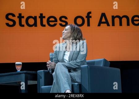 Boston, Massachussetts, USA. 29th July 2023. United States Vice President Kamala Harris delivers remarks at the 2023 NAACP National Convention in Boston, Massachusetts with Massachusetts Attorney General Andrea Campbell on Saturday, July 29, 2023.Credit: Rick Friedman/Pool via CNP /MediaPunch Credit: MediaPunch Inc/Alamy Live News Stock Photo