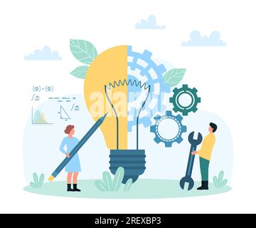 Business plan creation, development of creative solutions vector illustration. Cartoon tiny people create idea light bulb with pencil and wrench, brainstorm work with gears inside lamp engine Stock Vector