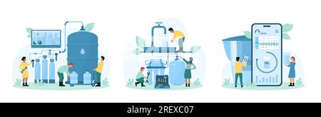 Water purification set vector illustration. Cartoon tiny people repair water treatment facility, test quality of reverse osmosis filtration, installation and inspection of huge filters by engineers Stock Vector