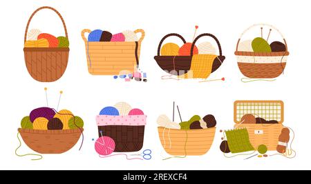 Baskets with wool yarn balls, crochets and knitting needles set vector illustration. Cartoon isolated wicker or bamboo retro basket with clews of thread and handicraft tools to knit woolen scarf Stock Vector