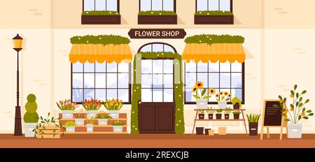 Flower shop facade vector illustration. Cartoon building exterior with cute door and windows, summer flowers bouquet in pots, baskets and vases on shelf for display, small business of florist Stock Vector