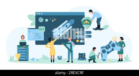 Video game development and production, web gamification technology vector illustration. Cartoon tiny developers coding, people programming online game play and design, develop creative code in editor Stock Vector