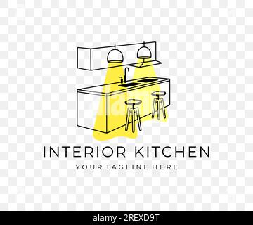 Interior of modern kitchen, living room, home and house, graphic design. Exterior, furniture, table, kitchen island, crockery, lamps and cabinets Stock Vector