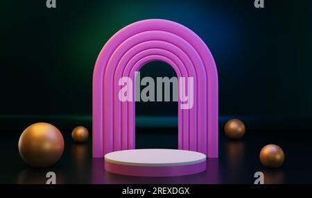 3D Render of Abstract Composition with Podium. Minimal Studio with Round Pedestal and Copy Space. Futuristic Interior Backdrop for Landing Page Stock Photo