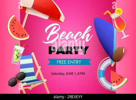 Beach party poster design. Watermelon, cocktail Stock Vector