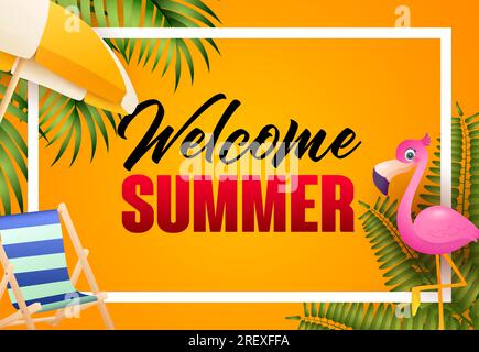 Welcome summer bright poster design. Pink flamingo Stock Vector