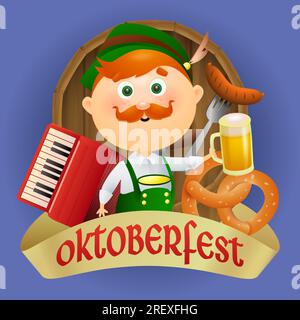 Oktoberfest lettering with beige streamer and man in costume Stock Vector