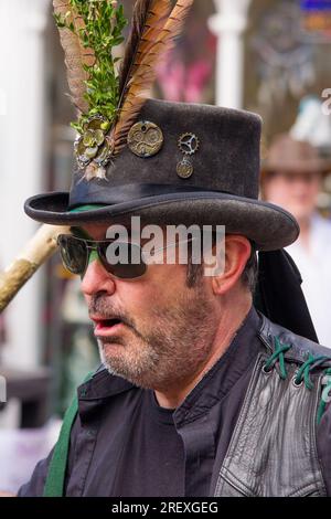 Box Hill Bedlam Morris dancer with blacked face and hops around his hat ...