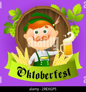 Oktoberfest lettering with green streamer and man in green costume Stock Vector