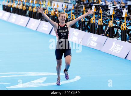 Team Great Britain's Jessica Fullagar crosses the line to finish second ...