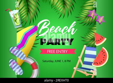 Beach party poster design. Cocktail, surfboard Stock Vector