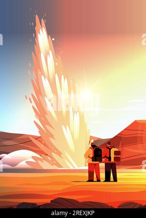 tourists couple near impressive eruption of active geyser hot water ...