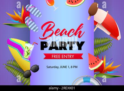 Beach party poster design. Flip-flops, watermelon Stock Vector