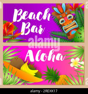 Beach Bar, Aloha letterings set, tropical fruits, tribal mask Stock Vector