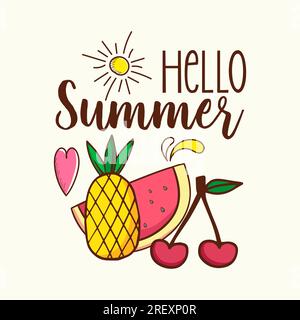 Summer t shirt design with fruits watermelon pineapple and sun Stock Vector