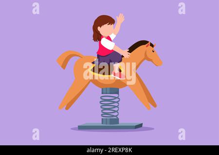 Cartoon flat style drawing little girl riding horse seesaw, kid having fun on playground. Children riding toy horse rocking. Happy girl riding horse s Stock Photo