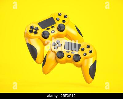 Yellow game joystick or gaming controller on yellow background. 3d illustration Stock Photo