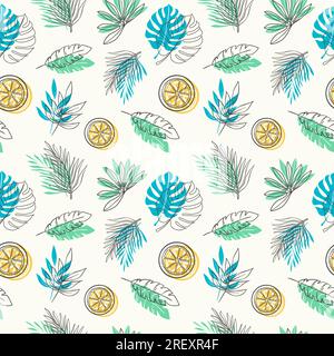 Hand drawn summer pattern with tropical leaves and lemons Stock Vector