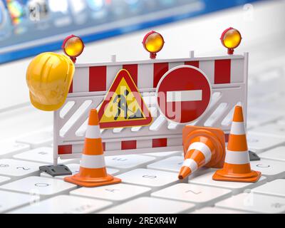 Web site under construction concept. Traffic barrier and cones on a laptop keyboard. 3d illustration Stock Photo