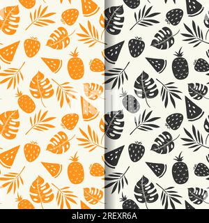 hand drawn summer duotone pattern design with fruits and tropical leaves Stock Vector