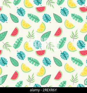Colorful hand drawn summer seamless pattern with fruits and tropical leaves Stock Vector