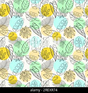 Hand drawn seamless pattern background with colored tropical leaves Stock Vector