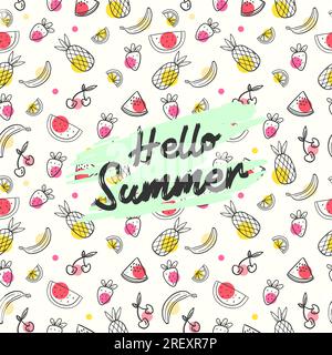 colored seamless flat summer fruits vector illustration pattern. hand drawn Stock Vector