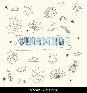 Hand drawn summer elements with fruits tropical leaves and sun Stock Vector