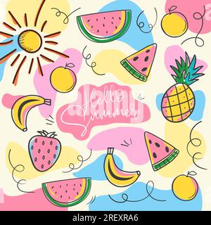 Summer background design with bright color and fruits watermelon pineapple banana strawberry Stock Vector