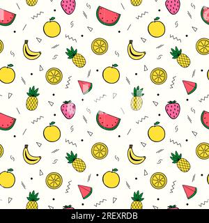 Colored flat seamless summer pattern with tropical fruits and geometric shapes Stock Vector