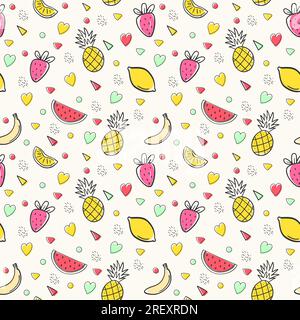 Seamless summer pattarn with watermelons, pineapples, lemons, heart and geometric figures in hipster style Stock Vector
