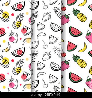 Summer patterns collection with fruits watermelon cherry pineapple banana strawberry Stock Vector