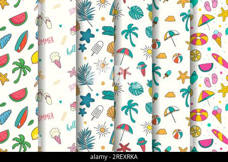 Summer patterns collection with colorful summer elements illustrations Stock Vector