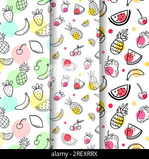 Summer flat patterns collection with fruits watermelon cherry pineapple banana strawberry Stock Vector