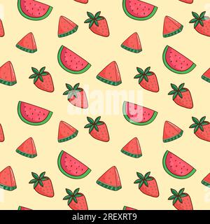 Seamless summer fruits pattern with watermelons and strawberries Stock Vector