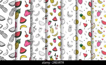 hand drawn Summer pattern collection with fruits watermelon cherry pineapple banana strawberry Stock Vector