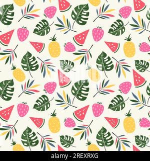 Summer seamless pattern with colorful summer fruits and tropical leaves Stock Vector
